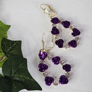 Gold Teardrop Hoop Earrings with Deep Purple Rose Flowers and Zirconia